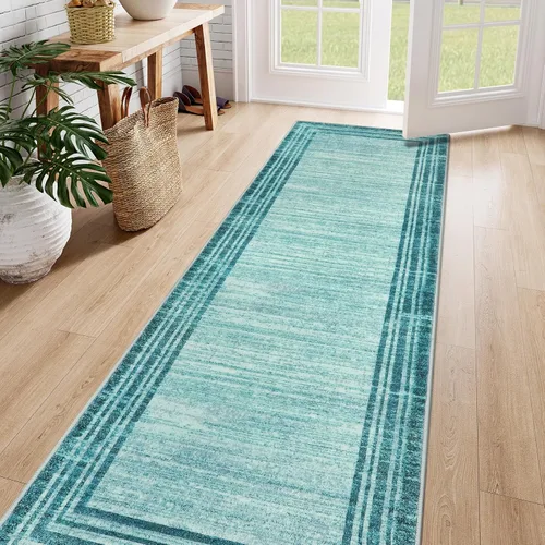 Miniatura 24 de Alfombra de pasillo moderna abstracta Lahome, alfombra lavable turquesa de 2 x 6 pulgadas para entrada, alfombra antideslizante de bajo pelo