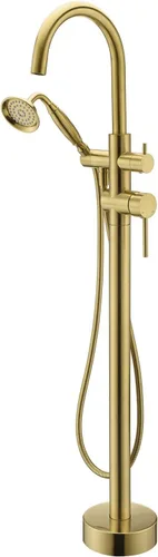 Miniatura 10 de Wowkk Llave de tina independiente Llave de tina de níquel cepillado montado en el piso Llaves de tina de latón para baño con ducha de mano