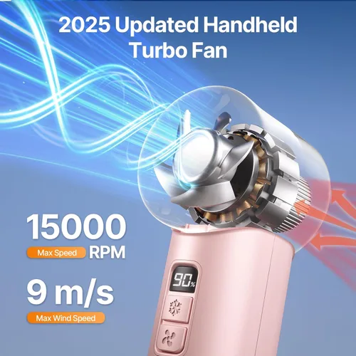 Miniatura 4 de Ventilador turbo portátil de mano Mini ventilador ajustable de velocidad (1-120) con modo de enfriamiento Batería recargable de 5000 mAh Rosa