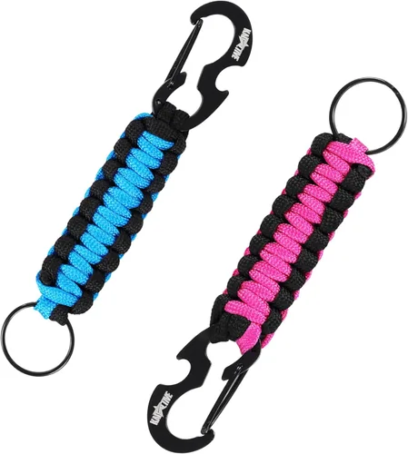 Miniatura 9 de Llavero Paracord con mosquetón – 2 llaveros de mosquetón para mochila, supervivencia, campamento. Llaveros de paracaídas para hombre Rosa - Black