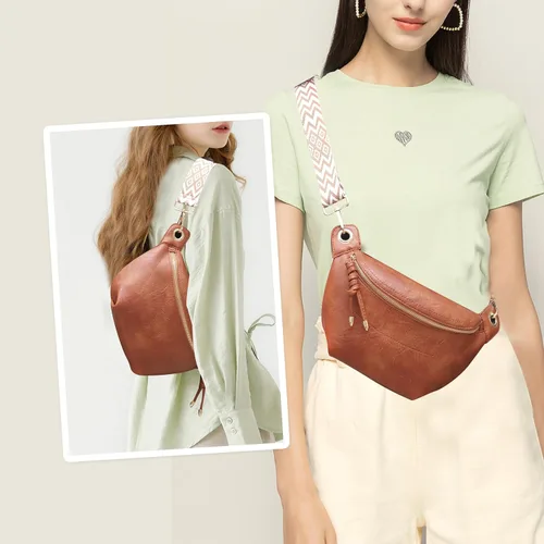 Miniatura 2 de Riñoneras para mujer, bolsos cruzados de moda, bolsos de pecho, bolso de cinturón con 2 correas ajustables, Marrón, Classic