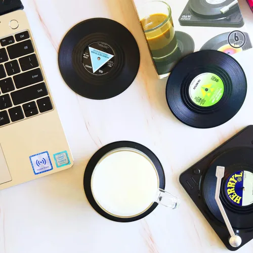 Miniatura 8 de Divertidos posavasos retro para bebidas con soporte para reproductor de vinilo, juego de 6 posavasos de elefante blanco para amantes de la música