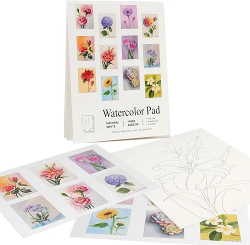 Miniatura 7 de RGBMIX Libro de papel de acuarela de 12 hojas con flores, 6x8'' Papel para acuarela, bloc de papel para colorear, pintura para alivio del estrés