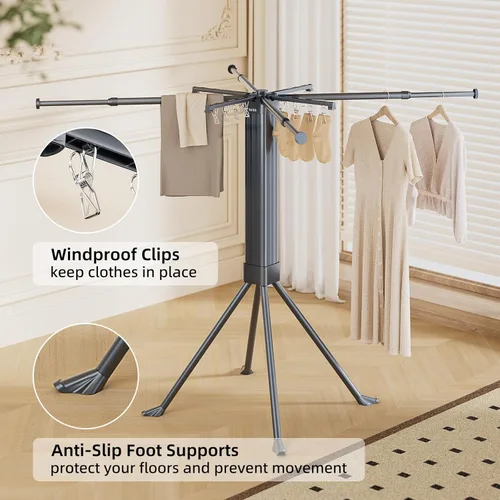 Miniatura 2 de BIREN Tendedero de Ropa Plegable Extensible Tendedero de Lavandería con 16 Clips Tendedero de Ropa Plegable que Ahorra Espacio para Colgar Ropa, Gris