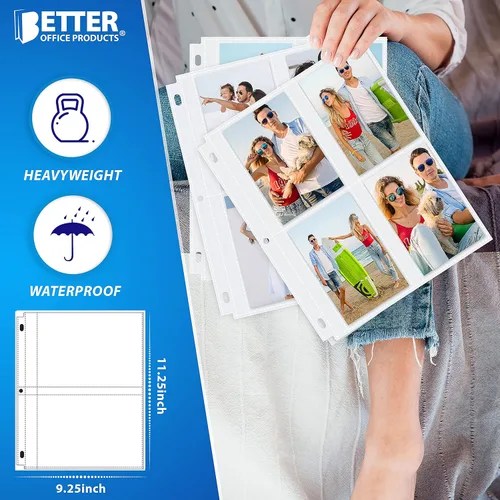 Miniatura 6 de Hojas de repuesto para álbum de fotos, 3.5 x 5 pulgadas, pesadas, transparentes con 3 anillos de diamante Better Office Products
