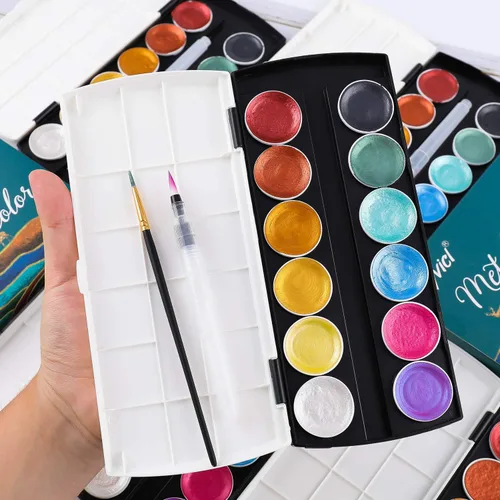 Miniatura 2 de Dyvicl Juego de pintura de acuarela metálica con purpurina, 12 acuarelas que cambian de color brillante, caja portátil con cepillo de agua, pinturas
