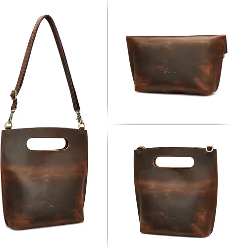 Miniatura 6 de S-ZONE Women Vintage Genuine Leather Crossbody Bag Distressed Foldable Clutch Top Handle Handbag Purse