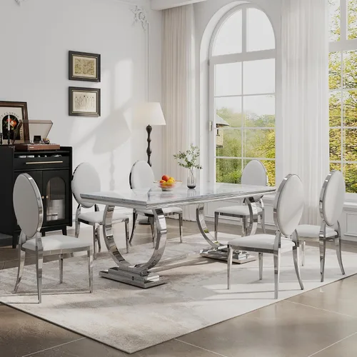 Miniatura 33 de Juego de mesa de comedor de 7 piezas, mesa de cocina de lujo de mármol sintético blanco de 70 pulgadas y 6 sillas copetudas de terciopelo beige