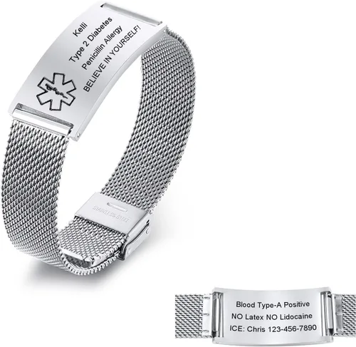 Miniatura 11 de Pulseras personalizadas de alerta médica para hombres, mujeres y niños, grabado gratuito, malla de acero inoxidable ajustable, pulsera