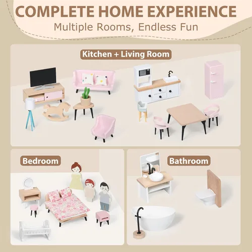 Miniatura 3 de Juego de muebles de madera para casa de muñecas Pithfor, accesorios y muebles para casa de muñecas, con 7 habitaciones, 3 muñecas, incluye juego