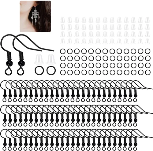 600 ganchos hipoalergénicos para aretes, kit de fabricación de aretes negros, con parte trasera de aretes y anillos para hacer joyas (negro)