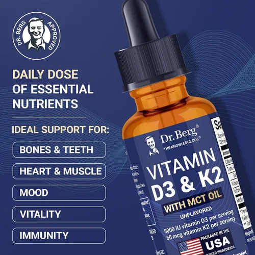 Dr. Berg - Gotas líquidas de vitamina D3 K2 de máxima potencia con aceite MCT – 5,000 UI de vitamina D3 líquida con K2 – Apoya huesos fuertes,