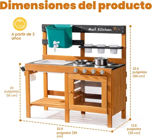 Miniatura 2 de ROBUD Cocina de Barro para Niños al Aire Libre, Cocina de Juego de Madera al Aire Libre, Cocina de Barro para Niños con Fregadero y Grifo