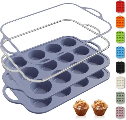 Miniatura 24 de 2 paquetes de 12 tazas de molde para magdalenas de silicona para hornear con marco reforzado de metal, molde para cupcakes de tamaño regular, Crema