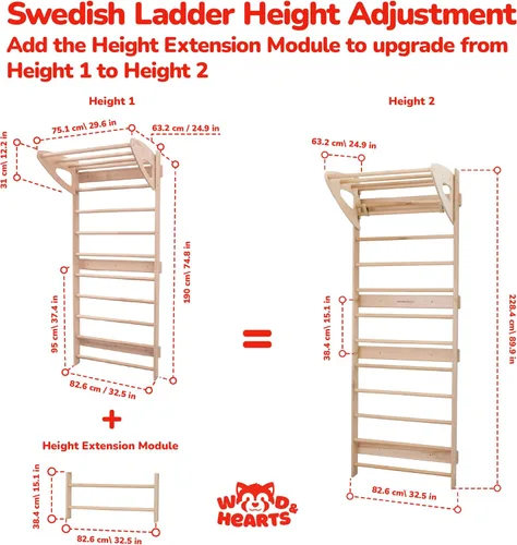 Miniatura 2 de Woodandhearts - Escalera sueca ajustable para juego activo en interiores con escalera de cuerda, anillos de gimnasia, cuerda de columpio y escalada