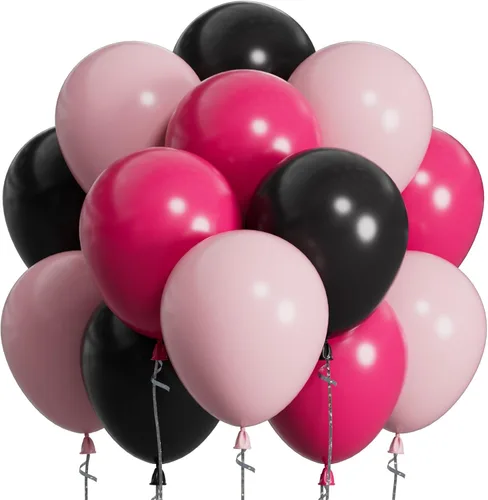 SUWEN Globos de color rosa intenso y negro, 60 globos de látex de 12 pulgadas de color rosa claro y negro, para mujer, decoración de fiesta de