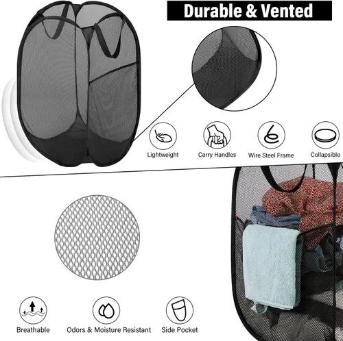 Miniatura 4 de BATTOO Cesta de lavandería desplegable de malla fuerte de lujo con bolsillo lateral para lavandería, baño, habitación de los niños, dormitorio