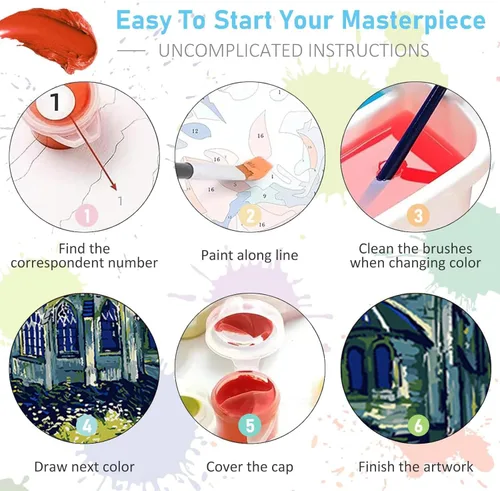 Miniatura 7 de VeGuude Pintura por números para adultos y niños principiantes, paquete de 6 kits de pintura por números de «La noche estrellada» de Van Gogh