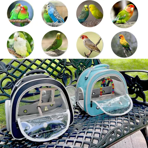 Miniatura 8 de Jaula de viaje de loro con jaula de pájaros, campanas de espejo, bolsa portátil para periquitos pequeños con perca de pie y cómoda alfombrilla
