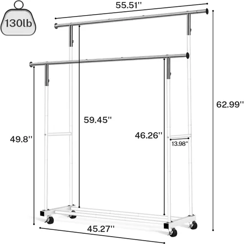 Miniatura 5 de VICERII Perchero para ropa, perchero resistente de 55.51 pulgadas con ruedas y estante inferior, con capacidad de 130LB, percheros para colgar ropa