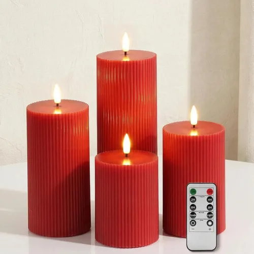 Miniatura 8 de Velas de pilar sin llama acanaladas blancas con control remoto, juego de 4 velas LED parpadeantes con parte superior plana, 3 pulgadas de alto, 4