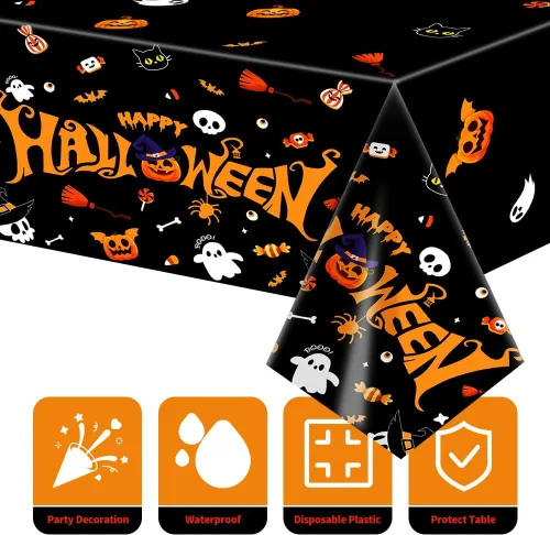 Miniatura 3 de Labeol Paquete de 3 manteles de Halloween, 108 x 54 pulgadas, manteles de Halloween negros, desechables, impermeables, de plástico, rectangular