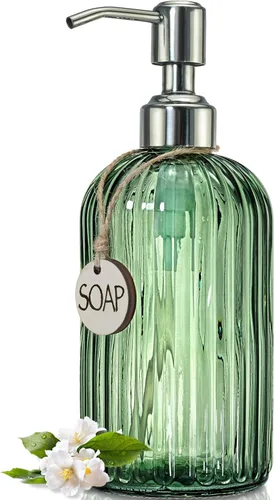 JASAI Dispensador de jabón verde de 18 onzas con bomba a prueba de óxido, dispensador de jabón de baño recargable con vidrio grueso, dispensador de