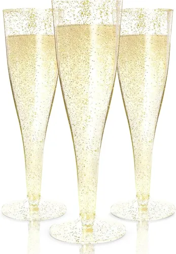 Miniatura 12 de Prestee 48 Copas de Champán de Plástico Desechables con Borde Dorado con Purpurina - Vasos Transparentes para Brindis de Mimosa, Fiesta de Año Nuevo