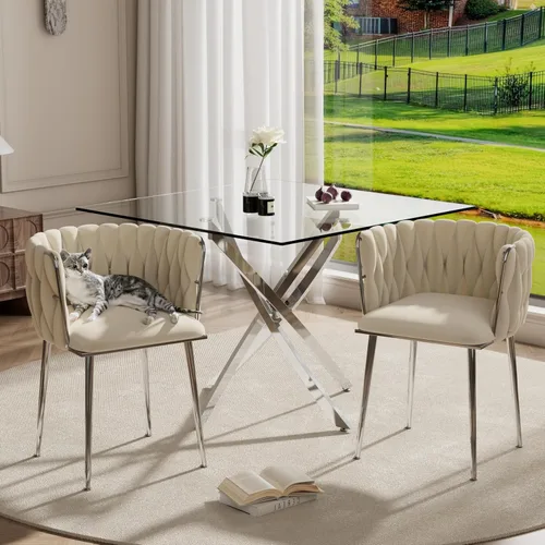 Miniatura 10 de RGZ Juego de mesa de cocina cuadrada minimalista moderna de 3 piezas, mesa de comedor de vidrio transparente con sillas tejidas negras, juego de 2