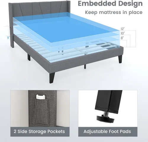 Miniatura 8 de KOMFOTT Base de cama tapizada tamaño Queen con cabecera con respaldo de ala, plataforma moderna con soporte de listones de madera, base de colchón