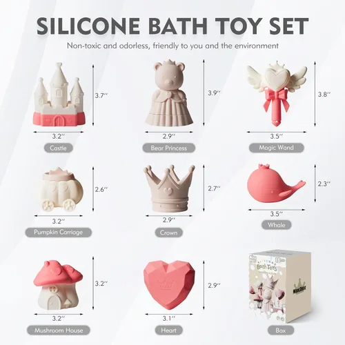 Miniatura 4 de MarcZero Juguetes de Baño de Silicona Princesa 8 Piezas para Niños Pequeños Niños Bebés, Juguetes de Agua para Bañera, Juguetes de Piscina Suaves