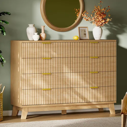 Miniatura 8 de Xixini Cómoda acanalada con 6 cajones, cómoda moderna de 54 pulgadas de ancho con mango de metal, soporte de TV de madera, organizador
