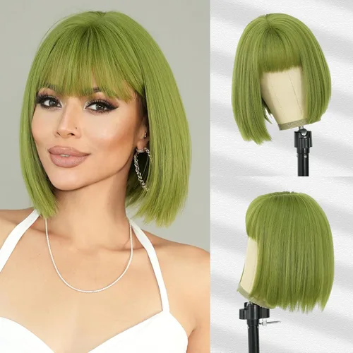Miniatura 8 de 7JHH WIGS Peluca corta y lacia con flequillo de 12 pulgadas, peluca corta de cabello natural rubio natural con reflejos estilo Bob, cabello