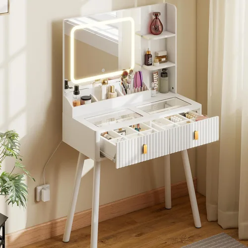 Miniatura 10 de GOODONE Tocador acanalado con luces de bombilla de espejo, escritorio de maquillaje con 2 cajones y estantes de almacenamiento, escritorio de Roble