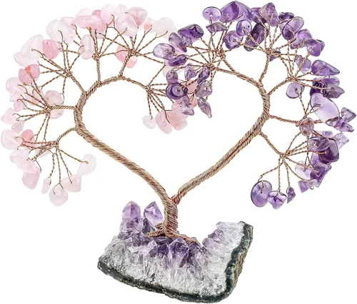 TUMBEELLUWA Árbol de dinero con piedras de cristal con base de racimo de amatista natural, hecho a mano, figura de amor, árbol bonsái para buena