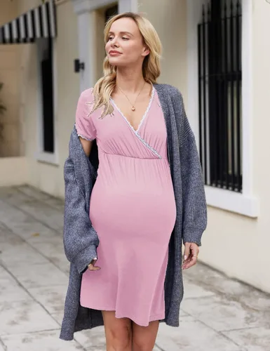 Miniatura 5 de Ekouaer - Camisón de dormir de manga corta 3 en 1 para mujer, plisado, para lactancia, parto y maternidad, tallas S-XXL