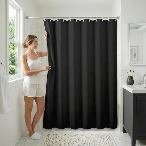 Miniatura 5 de Americanflat 71x74 Cortina de Ducha Sólida Negra - Cortina de Ducha Larga Resistente al Agua con Ojales de Metal Duraderos y 12 Ganchos - 100%