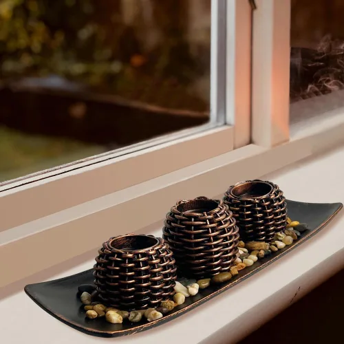 Miniatura 3 de Decoración de mesa auxiliar, 3 portavelas con bandeja y rocas, decoración de mesa de centro de mesa para sala de estar, comedor, dormitorio