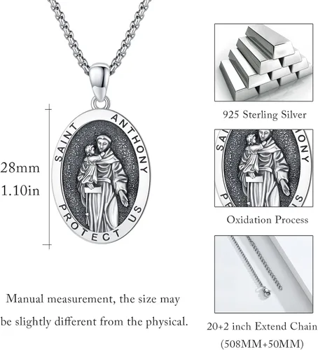 Miniatura 543 de Collar con colgante de plata de ley 925 con medalla de San Patrón, joyería religiosa para hombres y mujeres, con cadena de acero inoxidable 316L