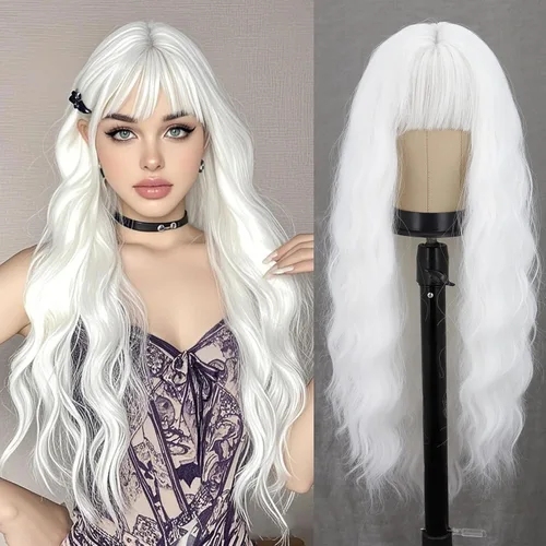 Miniatura 21 de Peluca larga de color rubio ceniza con flequillo, pelucas onduladas y rizadas gris rubio de aspecto natural, peluca de fibra sintética resistente al