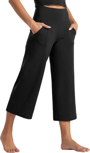 Tmustobe Pantalones capri de yoga para mujer, con control de abdomen, cintura alta, pantalones cortos acampanados con bolsillos