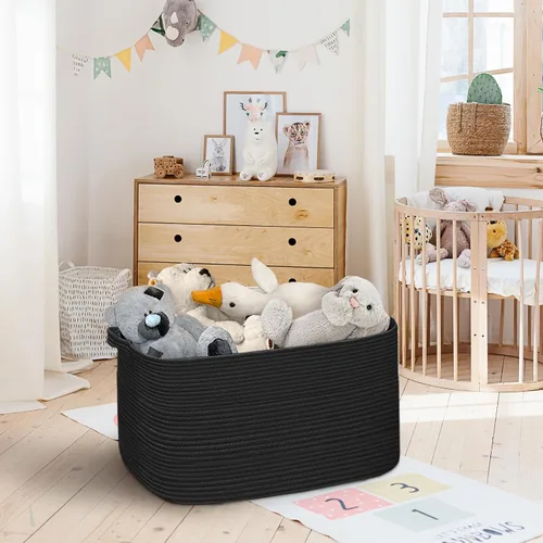Miniatura 4 de Cesta negra extragrande, contenedor rectangular tejido de 22 x 17 x 12 pulgadas para almacenamiento, cuerda de algodón suave para habitación