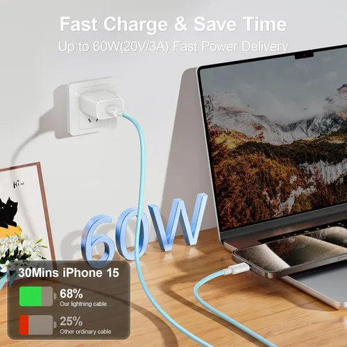 Miniatura 2 de Paquete de 2 cables de carga USB C a USB C de 6 pies para iPhone 15, cable USB C de 60 W, cable de carga rápida USBC tipo C compatible