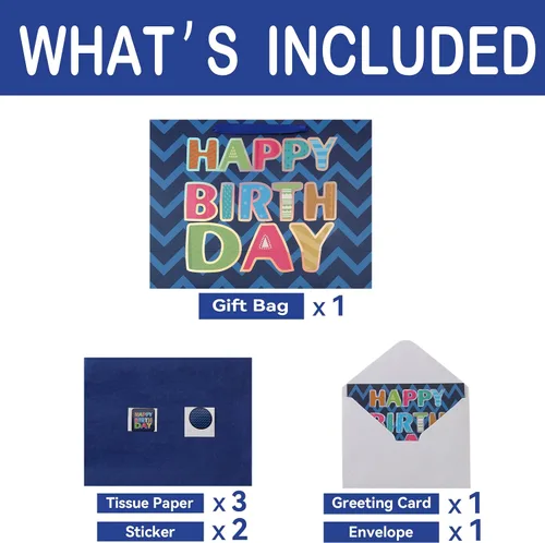 Miniatura 3 de Qirrmiy Juego de bolsa de regalo de cumpleaños azul extragrande de 16.5 pulgadas con asas, tarjeta de felicitación, papel de seda y calcomanías