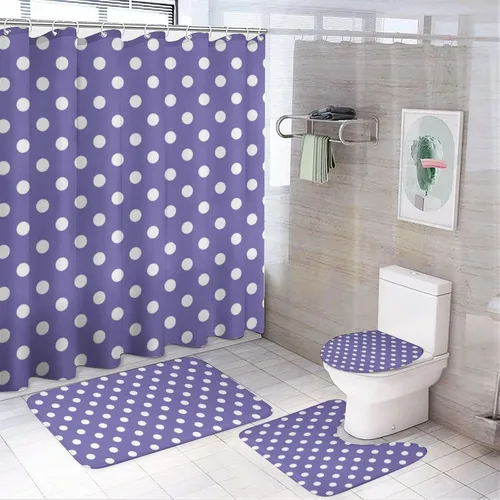 Miniatura 78 de Juego de 3 alfombras de baño con diseño de lunares, color azul aguamarina, antideslizante, con contorno en forma de U y tapa de inodoro