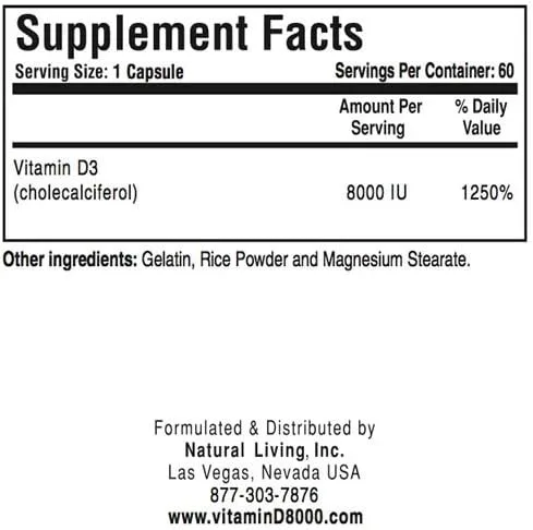 Miniatura 3 de Natural Living Vitamina D3 de alta potencia 8000 UI 60 Cápsulas 1 Botella