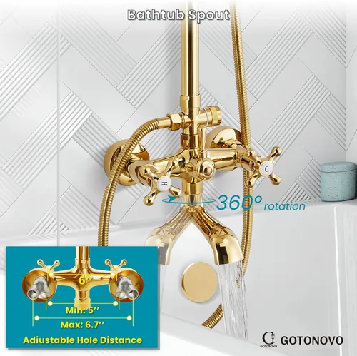 Miniatura 4 de gotonovo Juego de grifo de ducha expuesto de 8 pulgadas, cabezal de ducha de lluvia de 3 funciones con boquilla de bañera, 2 asas de cuerda, sistema