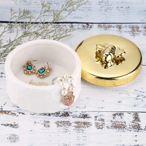 Miniatura 2 de Hipiwe Joyero de cerámica con tapa de abeja dorada, organizador de exhibición de joyas pequeño, contenedor de almacenamiento para decoración