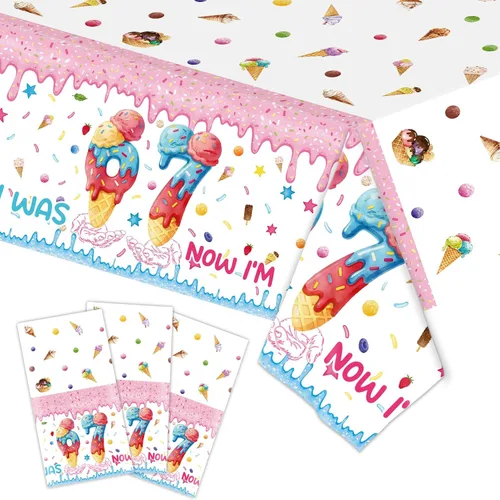 Qpout Paquete de 3 decoraciones de fiesta de cumpleaños con diseño de helado "I was 6 Now I'm 7", mantel de plástico desechable de cumpleaños 6-7,