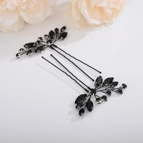 Miniatura 3 de Teyglen Juego de 3 horquillas para el cabello con diamantes de imitación negros, piezas de cristal hechas a mano y accesorios para novias, mujeres